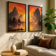 Kit 2 Quadros Decorativos Paisagem Laranja Pôr do Sol Montanhas Calma Natureza Sala Decorativa com Moldura - imagem 2
