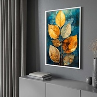 Quadro Decorativo Abstrato com Moldura - Planta Folhas Dourada Azul Verde para Sala e Quarto - imagem 5