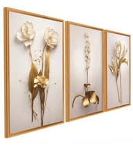 Quadro Decorativo 3 Peças Dourado Floral Branco - Design Premium para Sala e Quarto - imagem 2