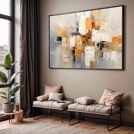 Quadro Decorativo com Moldura - Arte Abstrata Bege Dourado para Sala e Quarto - imagem 1