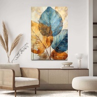 Quadro Decorativo Folhas Clean Azul Dourado 40x60 - Tecido Premium para Sala e Quarto - imagem 1