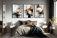 Kit 3 Quadros Circulos Dourados e Preto Cinza - Moderno para Sala e Quarto (60x40cm) - imagem 1