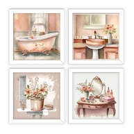Kit 4 Quadros Decorativos 18x18 cm - Banheiro e Lavabo com Moldura e Vidro | Tonalidade Salmão Elegante - imagem 1