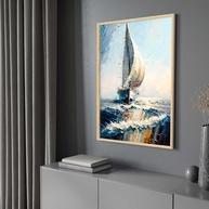 Quadro com Moldura Pintura Barco Céu Azul - Arte Decorativa Vertical para Sala e Quarto - imagem 1