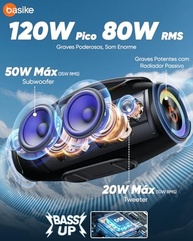 Basike Caixa de Som Bluetooth 80W RMS TWS Estéreo RGB IPX6 - Festa e Exterior - imagem 3
