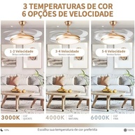 Ventilador de Teto 107CM Dourado com LED 72W e Controle Remoto - 6 Velocidades Inverter - imagem 2