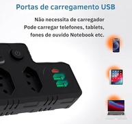 Extensão Régua de Energia 3 Tomadas + 3 USB (1 Tipo-C) Lene Preto - Carregamento Inteligente e Seguro - imagem 4