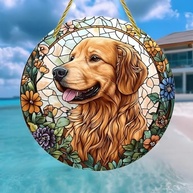 Suncatcher Golden Retriever em Vitral Floral | Decoração de Parede e Janela com Efeitos de Luz Solar - imagem 4