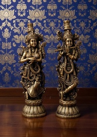 Estátuas de Radha e Krishna em Latão com Acabamento Dourado Antigo - Par Divino para Decoração de Templo - imagem 3