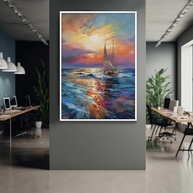 Quadro Decorativo com Moldura - Pintura Mar Por do Sol Barco Vertical para Sala e Quarto - imagem 1