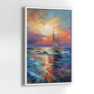 Quadro Decorativo com Moldura - Pintura Mar Por do Sol Barco Vertical para Sala e Quarto - imagem 4