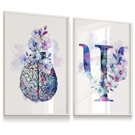 Kit 2 Quadros Decorativos Cérebro e Coração com Flores - 33x43cm - Moldura Branca - imagem 2