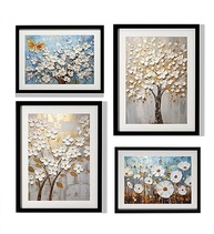 Kit 4 Quadros Decorativos com Moldura em Madeira e Vidro - Flores Bege e Dourado - imagem 2