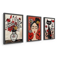 Kit 3 Quadros 18x24cm com Moldura Preta - Flores, Vaso e Gato | Decoração Elegante e Moderna - imagem 1