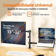 BAZIK Suporte Articulado para Monitor e Notebook – Braço Ajustável com Bandeja para Notebook até 17", Monitores de 13'' a 32'', Suporte para Monitor Duplo com Ergonômico com Organização de Cabos - imagem 2