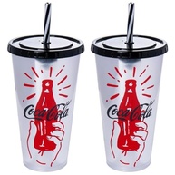 Kit com 2 Copos Coca-Cola 700ml Estampado Prateado Original com Tampa e Canudo - imagem 2
