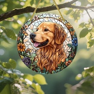 Suncatcher Golden Retriever em Vitral Floral | Decoração de Parede e Janela com Efeitos de Luz Solar - imagem 1