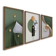 Quadros Decorativos Tríade Elegante - Verde e Nude Abstrato em Madeira 60x90 com Vidro - imagem 1