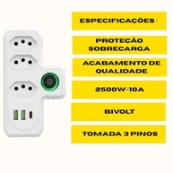 Extensão Régua Elétrica 3 Tomadas + 3 USB (1 Tipo-C) Bivolt 2500W - Organize e Carregue Tudo! - imagem 3