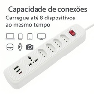 Filtro de Linha 7 em 1: 4 Tomadas + 3 USB (Tipo-C), Extensão Elétrica Bivolt 2500W com Cabo 2m e Interruptor - Branco - imagem 4