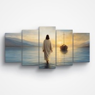 Quadro Jesus Cristo Andando Nas Águas - Painel 5 Peças em MDF 130x60cm | Decoração Religiosa Inspiradora - imagem 2