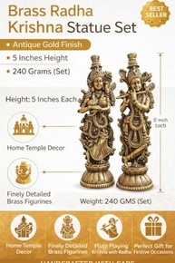 Estátuas de Radha e Krishna em Latão com Acabamento Dourado Antigo - Par Divino para Decoração de Templo - imagem 5