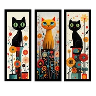 Kit 3 Quadros 18x45 cm - Decoração Moderna com Tema Gatos e Flores em Preto - imagem 1