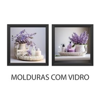 Kit 2 Quadros Decorativos para Banheiro e Lavabo com Flores Lilás - Moldura em Madeira e Vidro - imagem 2