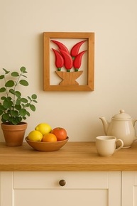 Quadro Decorativo Artesanal em Madeira com Pimentas Vermelhas - 24x20 cm | Decoração Rústica para Cozinha e Área Gourmet - imagem 3