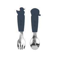 CLINGO Kit Garfo e Colher para Bebê em Metal e Silicone Azul - Seguro, Antimicrobiano e Fácil de Limpar - imagem 1