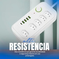 Régua de Energia Premium: 5 Tomadas, 4 USBs + 1 Tipo-C, Proteção 2500W e Cabo 2m (Branco) - imagem 3