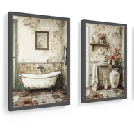 Kit 2 Quadros 18x24 cm com Vidro - Decoração Vintage para Banheiro e Lavabo em Creme Envelhecido - imagem 1
