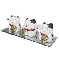 Gato da Sorte Maneki Neko em Porcelana - Trio Decorativo com Base Espelho e Preta - imagem 4