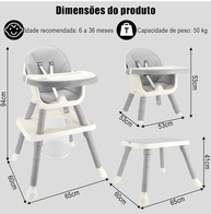Cadeira de Alimentação 6 em 1 com Cinto de 5 Pontos, Bandeja Removível e Mesa de Estudo - Cinza - imagem 3