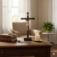 Crucifixo de Mesa em Madeira com Cristo em Resina - 30 cm, Feito no Brasil - imagem 3