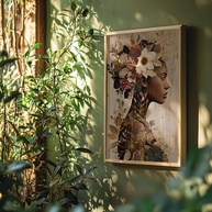 Quadro Decorativo Mulher Afro Flores - Arte Feminina Elegante com Moldura para Sala e Quarto - imagem 1