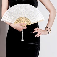 Choyaxo Leque Dobrável Chinês de Renda Branco - Ventilador de Seda com Bambu para Festas e Decoração - imagem 3