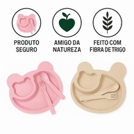 Kit Introdução Alimentar Bebê em Fibra de Trigo - Prato Ursinho com Colher e Garfo Antiderrapante Rosa - imagem 5