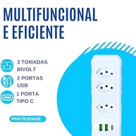 Extensão Premium com 3 Tomadas Universais + 3 USB (USB-C e USB-A) - Bivolt com Filtro de Linha - imagem 2