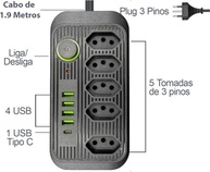 Filtro de Linha Premium: Régua com 5 Tomadas, 4 USB + 1 USB-C e Cabo 1.9m - Branco - imagem 2