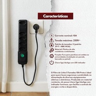 Filtro de Linha Preto Bivolt 5 Tomadas 10A com Fusível e Botão Liga/Desliga - Segurança e Praticidade - imagem 4
