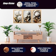 Quadro Decorativo Flor Tulipa Branca Dourada - Trio 3 Peças com Fita Dupla Face - imagem 5