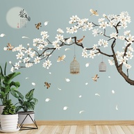 Adesivos de Parede Estilo Chinês com Flores de Pêssego Brancas – Decalques Removíveis para Quarto e Sala - imagem 1