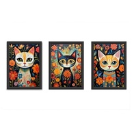 Trio de Quadros 18x24 cm com Moldura em Madeira - Arte Folk Mexicana de Gatos e Flores - imagem 4
