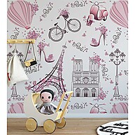 Papel de Parede Infantil Paris Rosa com Lambretas e Flores - imagem 2