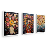 Trio de Quadros Arte Folk Mexicana 18x24 cm - Flores, Árvore da Vida e Mulher Florida | Moldura em Madeira com Vidro | Decoração Vibrante e Cultural - imagem 2
