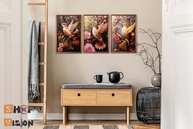 Quadro Decorativo Beija-Flor com Flores de Cerejeira Rosa Ouro - Kit 3 Peças 90x50cm - imagem 3