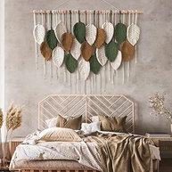 Tapeçaria de Parede Macramê Boêmio 99x71cm - Decoração Moderna Feita à Mão com Folhas e Pena - imagem 5