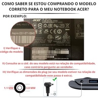 Fonte Carregador Para Notebook Acer Aspire 5 A514-54 A515-54 A315-34 19v 3,42A 65W Plug 3.0x1.1mm Pino Fino Bivolt com Cabo de Força - imagem 3