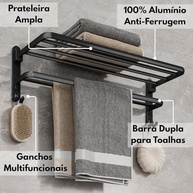 Porta Toalha Toalheiro para Banheiro com Prateleira e Ganchos - Alumínio Preto Fosco Resistente à Água - imagem 5